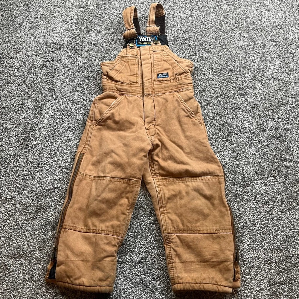 Walls Tough Wear Bib Overalls Kids XS 4/5 Brown Insulated Grow System Workwear